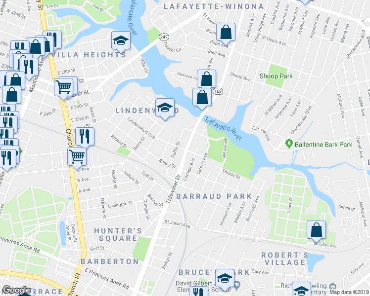 map of restaurants, bars, coffee shops, grocery stores, and more near 2501 Tidewater Drive in Norfolk