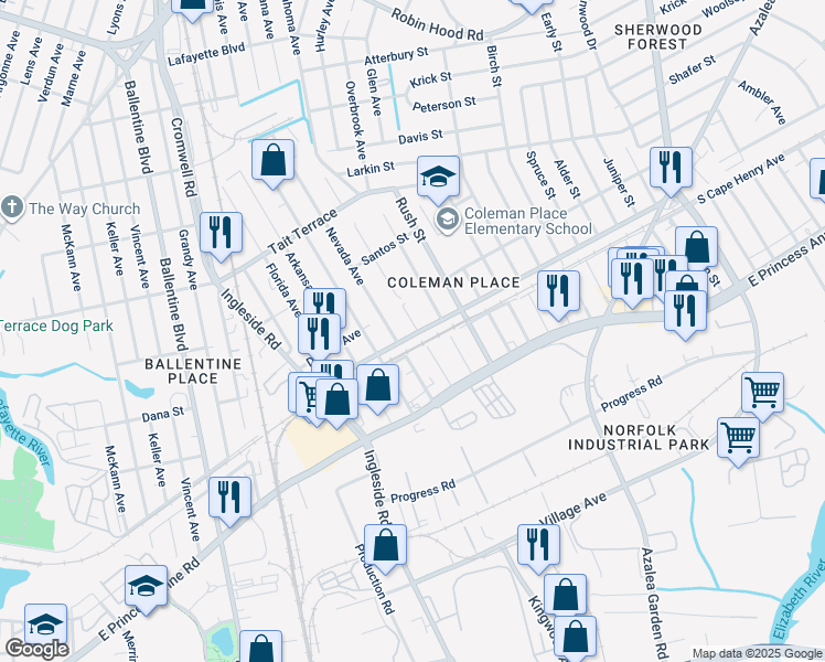 map of restaurants, bars, coffee shops, grocery stores, and more near 2313 Minnesota Avenue in Norfolk