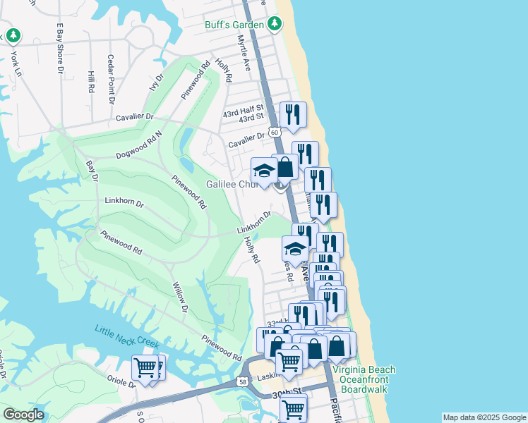 map of restaurants, bars, coffee shops, grocery stores, and more near 420 Linkhorn Drive in Virginia Beach