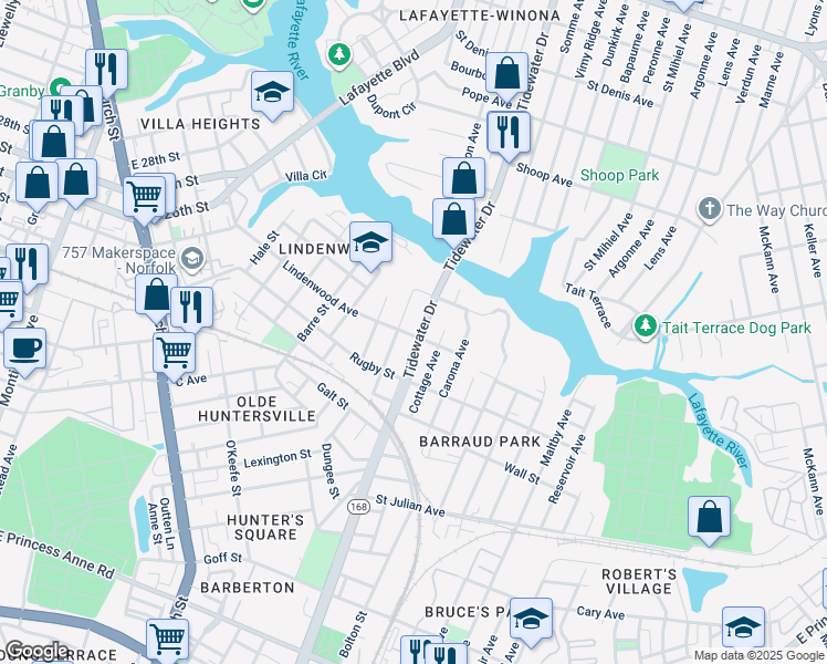 map of restaurants, bars, coffee shops, grocery stores, and more near 2501 Tidewater Drive in Norfolk