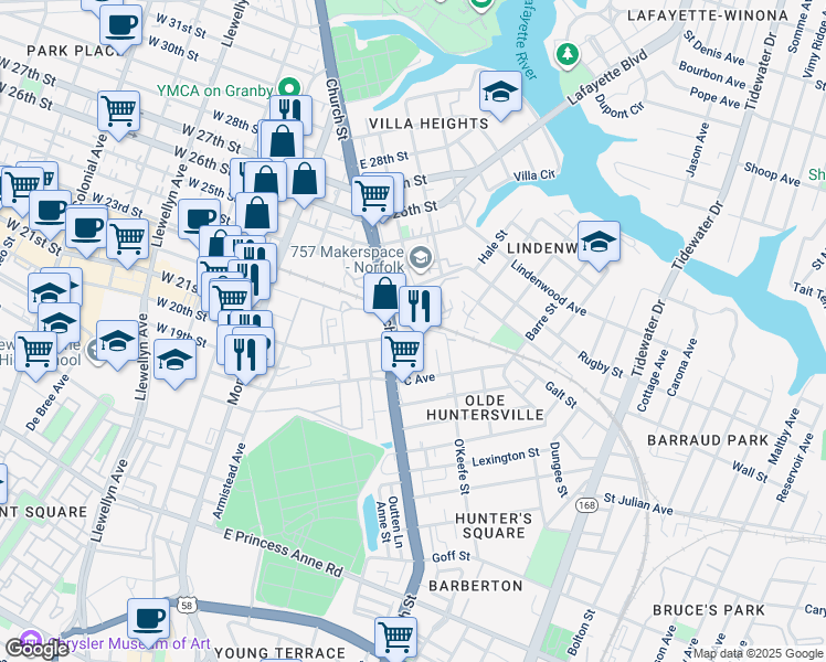 map of restaurants, bars, coffee shops, grocery stores, and more near 2000 Church Street in Norfolk