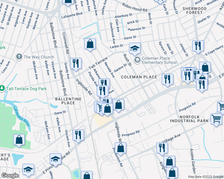 map of restaurants, bars, coffee shops, grocery stores, and more near 2401 Wyoming Avenue in Norfolk