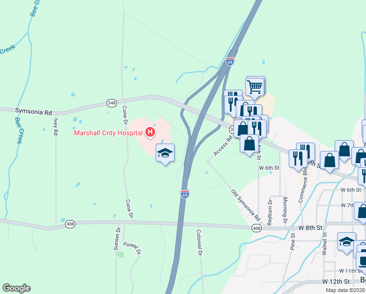 map of restaurants, bars, coffee shops, grocery stores, and more near 549 Old Symsonia Road in Benton