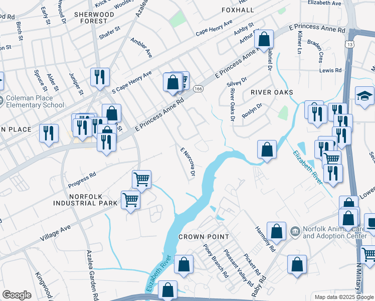 map of restaurants, bars, coffee shops, grocery stores, and more near 1372 East Norcova Drive in Norfolk