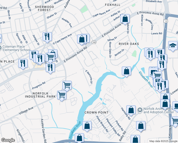 map of restaurants, bars, coffee shops, grocery stores, and more near 1372 East Norcova Drive in Norfolk