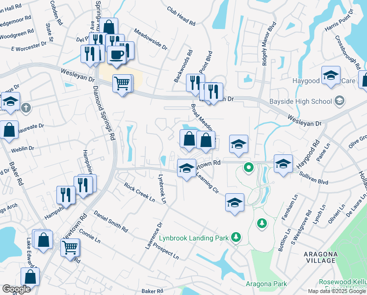 map of restaurants, bars, coffee shops, grocery stores, and more near 5414 Catina Arch in Virginia Beach