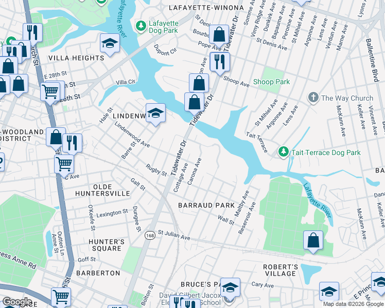 map of restaurants, bars, coffee shops, grocery stores, and more near 2526 Cottage Avenue in Norfolk