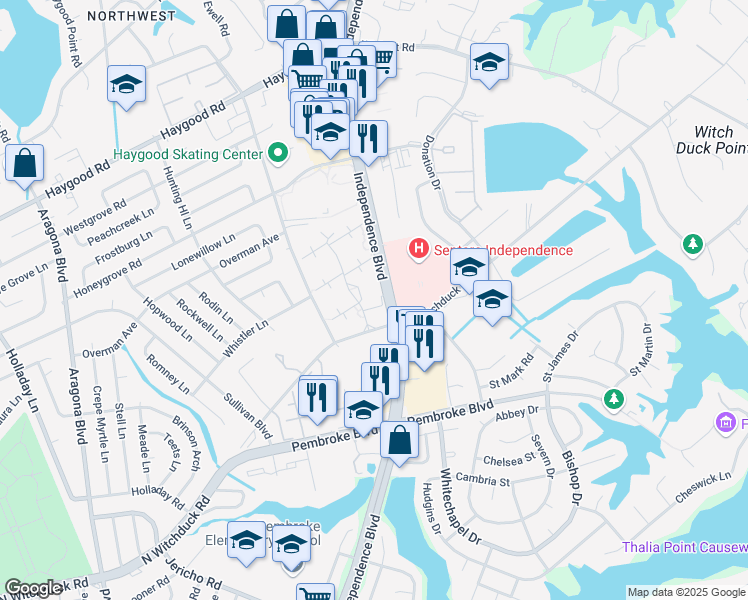 map of restaurants, bars, coffee shops, grocery stores, and more near 816 Independence Boulevard in Virginia Beach