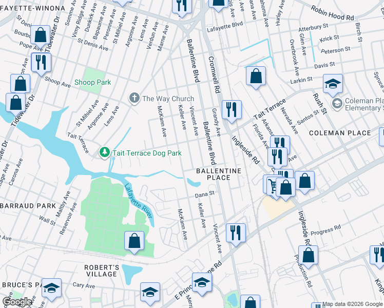map of restaurants, bars, coffee shops, grocery stores, and more near 2537 Vincent Avenue in Norfolk