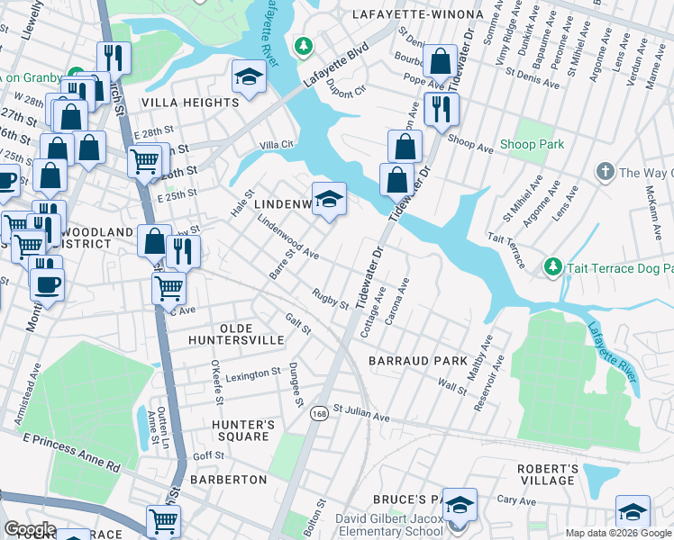 map of restaurants, bars, coffee shops, grocery stores, and more near 2500 Masi Street in Norfolk