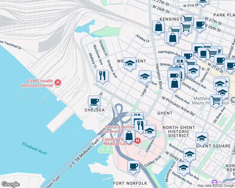 map of restaurants, bars, coffee shops, grocery stores, and more near 1125 Westover Avenue in Norfolk