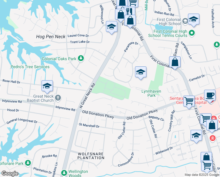 map of restaurants, bars, coffee shops, grocery stores, and more near 1110 North Great Neck Road in Virginia Beach