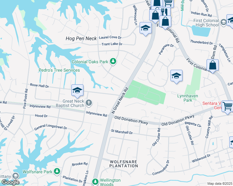 map of restaurants, bars, coffee shops, grocery stores, and more near 2212 Rose Hall Drive in Virginia Beach