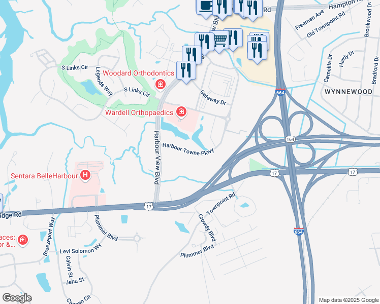 map of restaurants, bars, coffee shops, grocery stores, and more near Harbour Towne Parkway in Suffolk