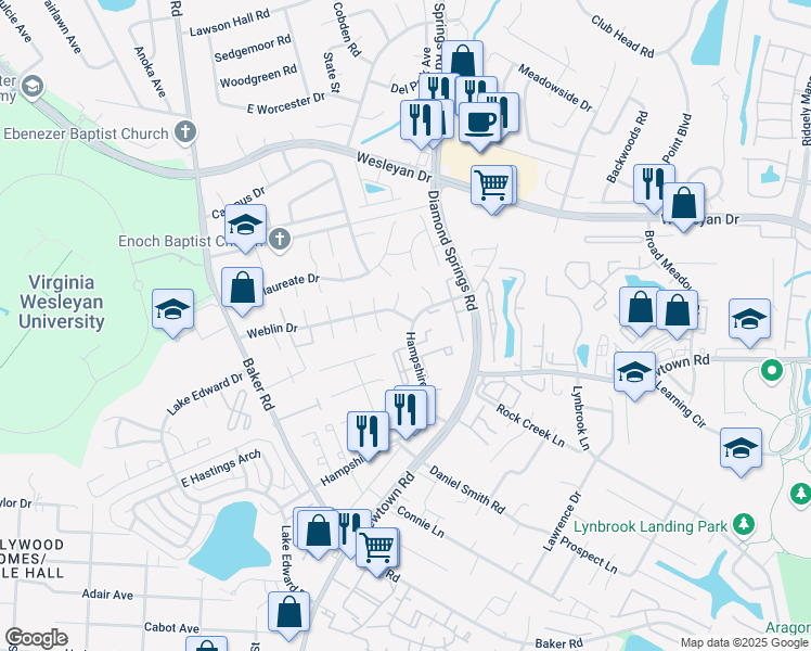 map of restaurants, bars, coffee shops, grocery stores, and more near 5745 Weblin Drive in Virginia Beach