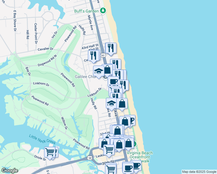 map of restaurants, bars, coffee shops, grocery stores, and more near 205 39th Street in Virginia Beach