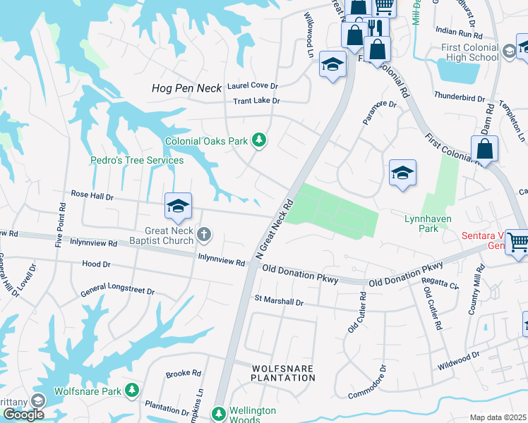map of restaurants, bars, coffee shops, grocery stores, and more near 2212 Rose Hall Drive in Virginia Beach