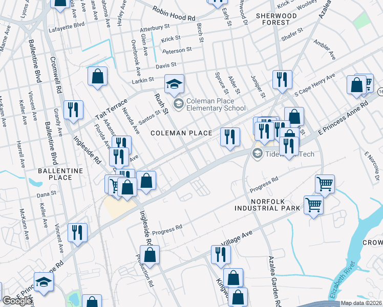 map of restaurants, bars, coffee shops, grocery stores, and more near 3747 South Cape Henry Avenue in Norfolk