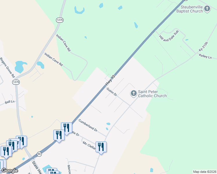 map of restaurants, bars, coffee shops, grocery stores, and more near 2620 Kentucky 90 in Monticello
