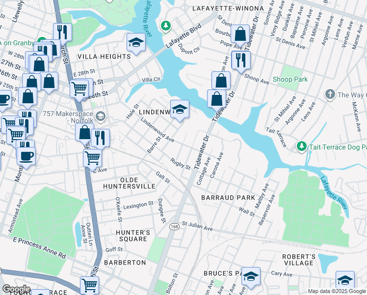 map of restaurants, bars, coffee shops, grocery stores, and more near 2500 Masi Street in Norfolk