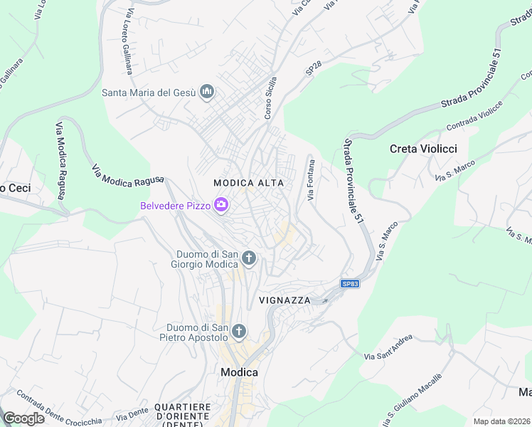 map of restaurants, bars, coffee shops, grocery stores, and more near 45 Via Vaina in Modica