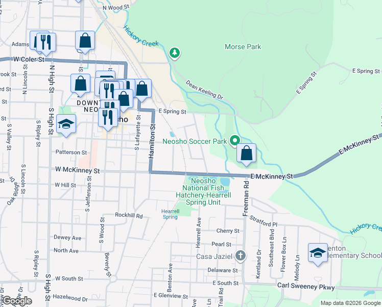 map of restaurants, bars, coffee shops, grocery stores, and more near 311 Saint James in Neosho
