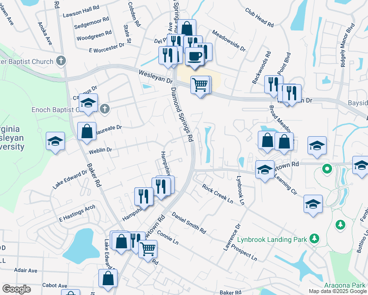 map of restaurants, bars, coffee shops, grocery stores, and more near 731 Gemstone Lane in Virginia Beach