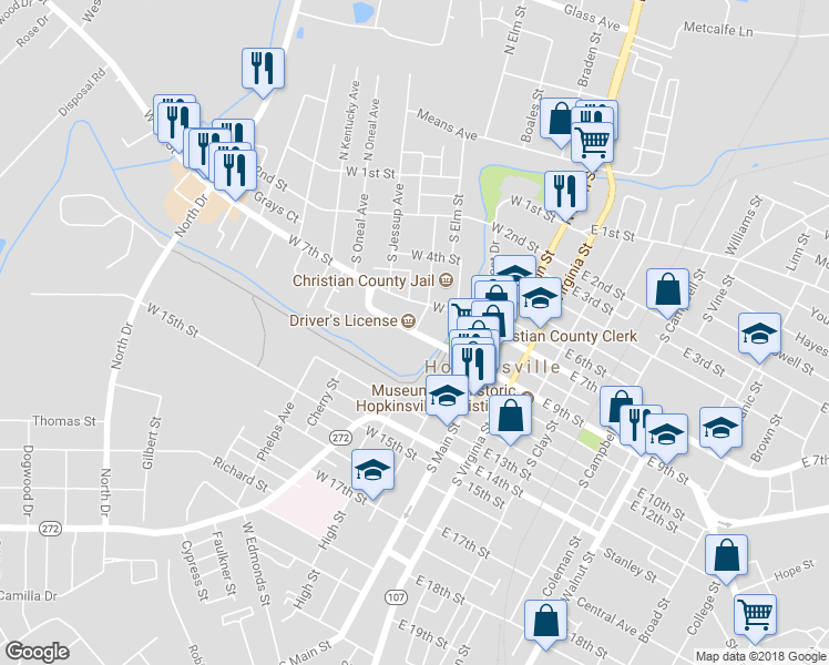 map of restaurants, bars, coffee shops, grocery stores, and more near U.S. 68 in Hopkinsville