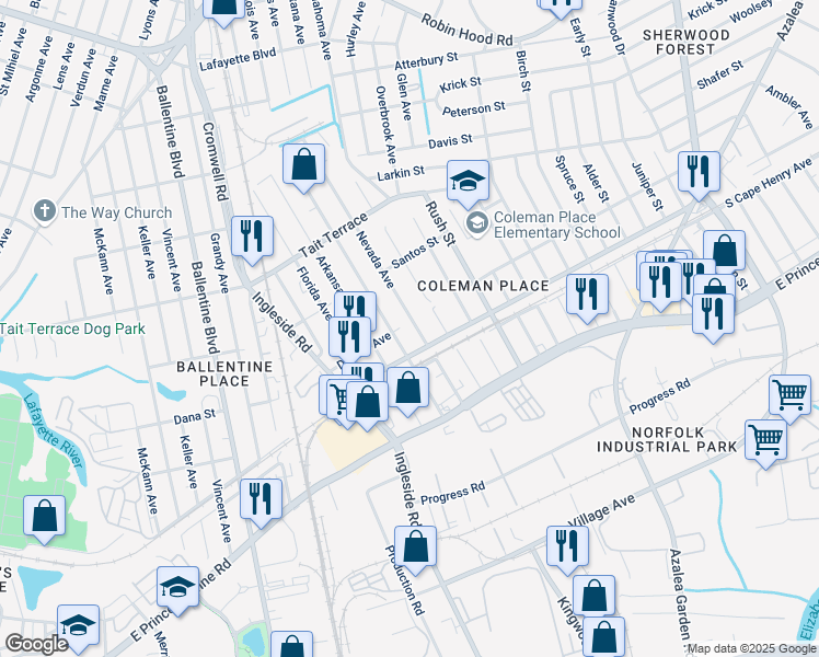 map of restaurants, bars, coffee shops, grocery stores, and more near 2319 Nevada Avenue in Norfolk
