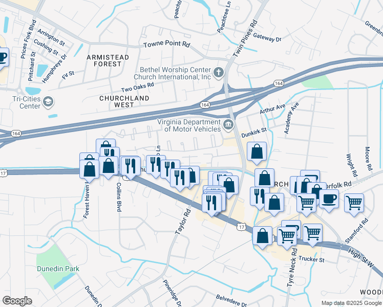 map of restaurants, bars, coffee shops, grocery stores, and more near 3156 Havenwood Court in Portsmouth