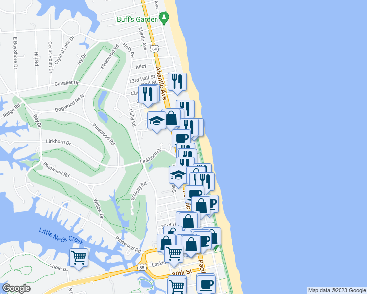 map of restaurants, bars, coffee shops, grocery stores, and more near 205 39th Street in Virginia Beach