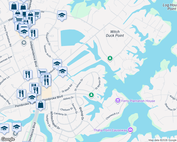 map of restaurants, bars, coffee shops, grocery stores, and more near 857 Saint James Drive in Virginia Beach