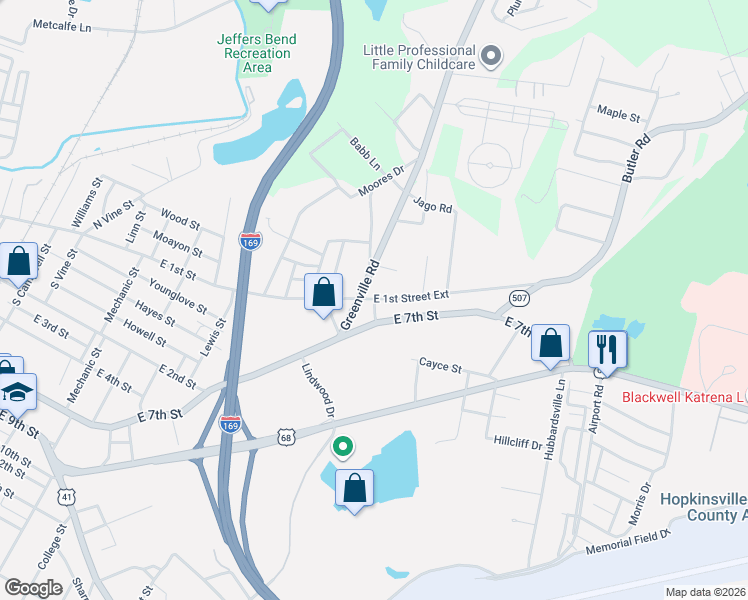map of restaurants, bars, coffee shops, grocery stores, and more near 1698 East 1st Street Extension in Hopkinsville