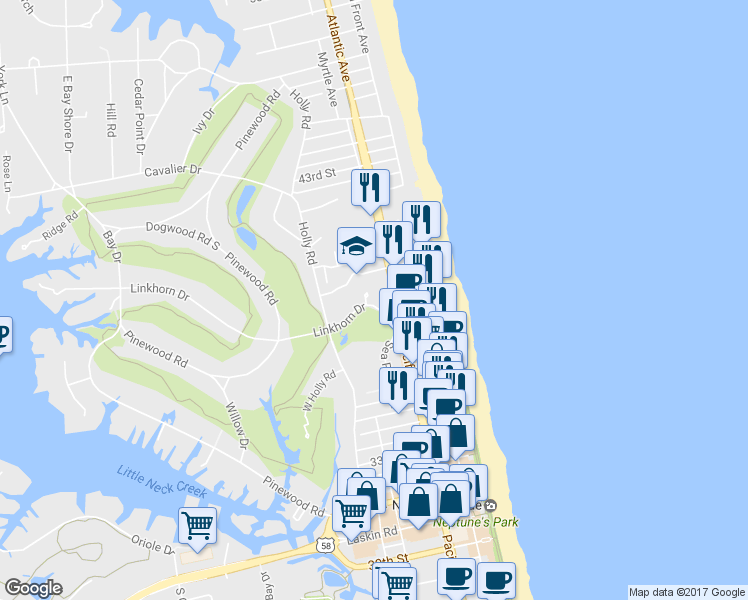 map of restaurants, bars, coffee shops, grocery stores, and more near 221 Linkhorn Drive in Virginia Beach