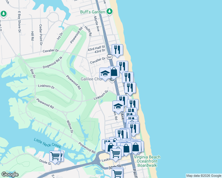 map of restaurants, bars, coffee shops, grocery stores, and more near 221 Linkhorn Drive in Virginia Beach