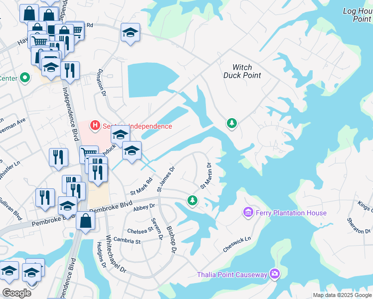 map of restaurants, bars, coffee shops, grocery stores, and more near 857 Saint James Drive in Virginia Beach