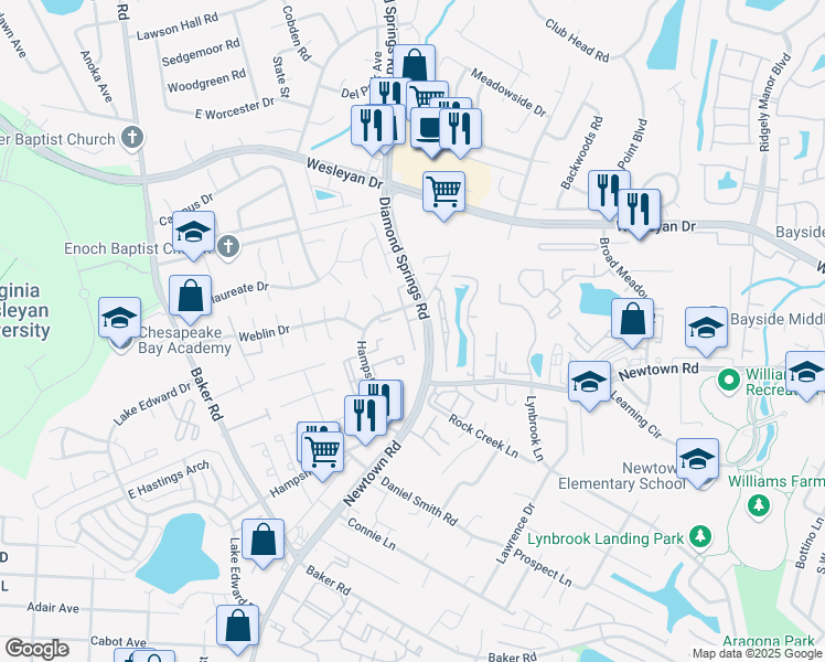 map of restaurants, bars, coffee shops, grocery stores, and more near 705 Gemstone Lane in Virginia Beach