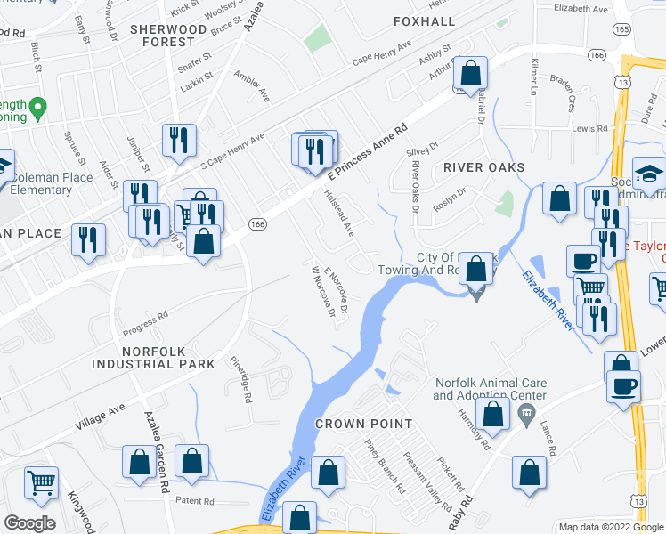 map of restaurants, bars, coffee shops, grocery stores, and more near 1388 East Norcova Drive in Norfolk