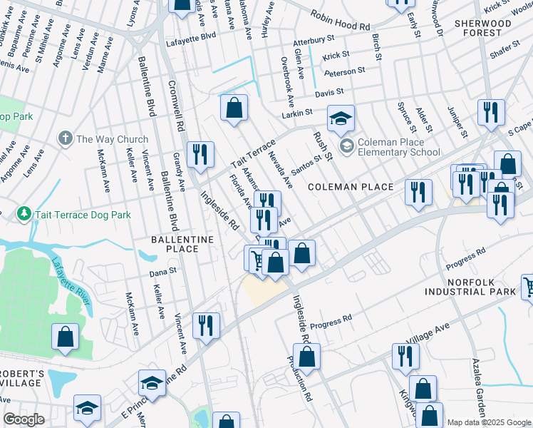 map of restaurants, bars, coffee shops, grocery stores, and more near 2417 Wyoming Avenue in Norfolk