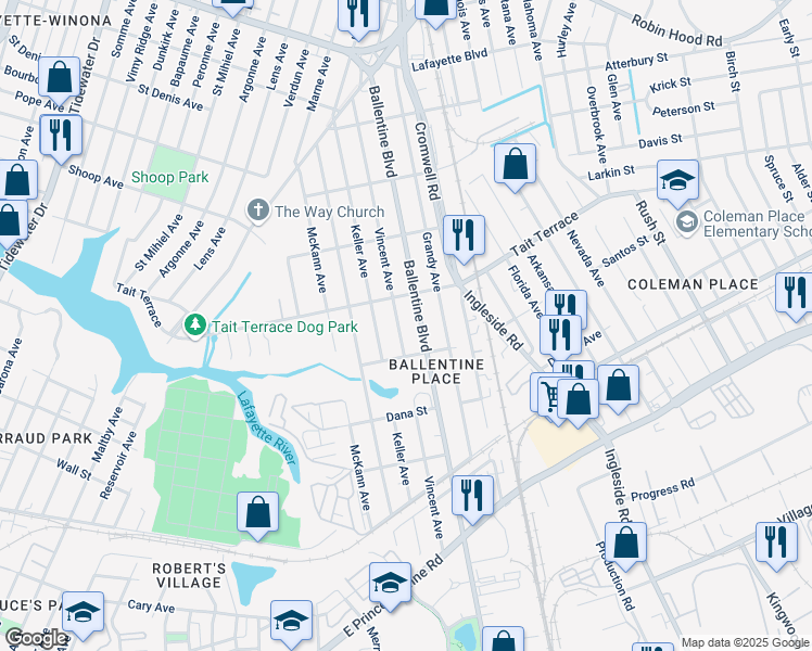 map of restaurants, bars, coffee shops, grocery stores, and more near 2537 Vincent Avenue in Norfolk
