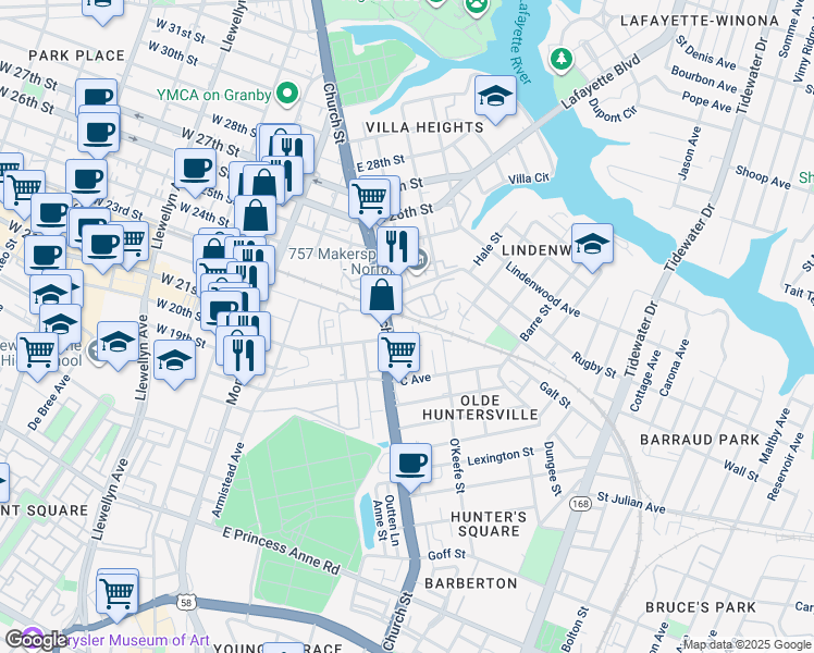 map of restaurants, bars, coffee shops, grocery stores, and more near 2000 Church Street in Norfolk
