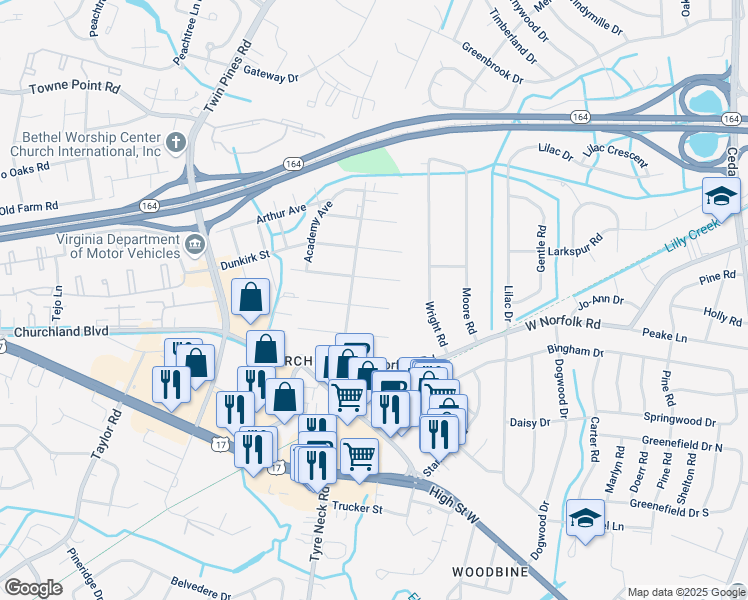 map of restaurants, bars, coffee shops, grocery stores, and more near 5807 Campbell Street in Portsmouth