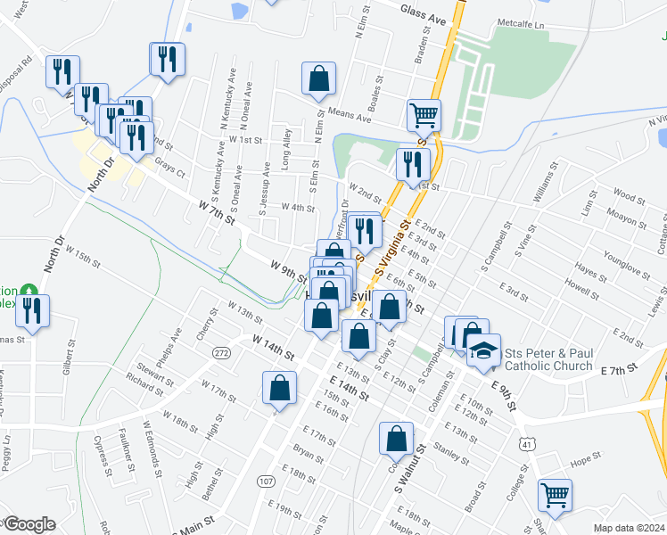 map of restaurants, bars, coffee shops, grocery stores, and more near in Hopkinsville