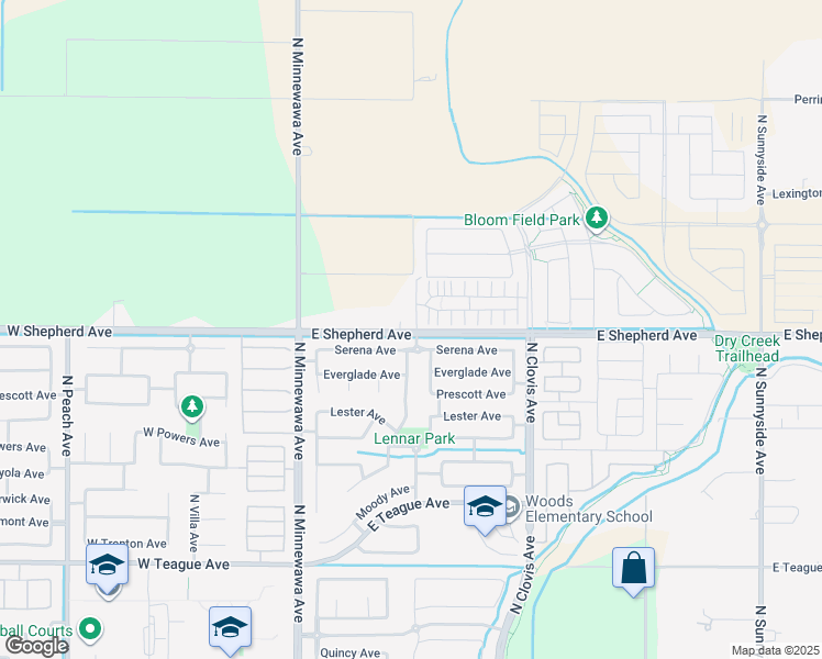 map of restaurants, bars, coffee shops, grocery stores, and more near 4206 East Shepherd Avenue in Clovis