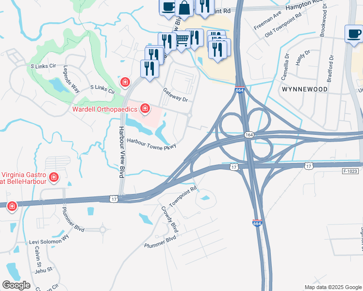 map of restaurants, bars, coffee shops, grocery stores, and more near 1012 Trilogy Loop in Suffolk