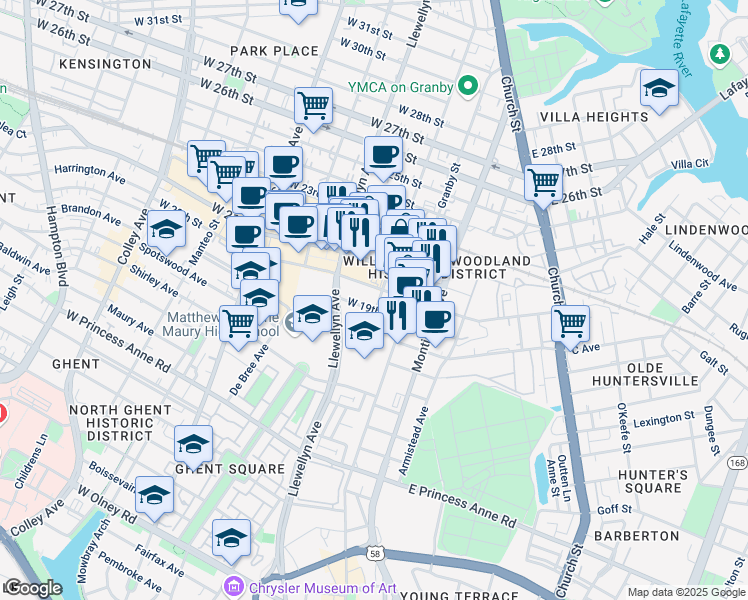 map of restaurants, bars, coffee shops, grocery stores, and more near 1901 Omohundro Avenue in Norfolk