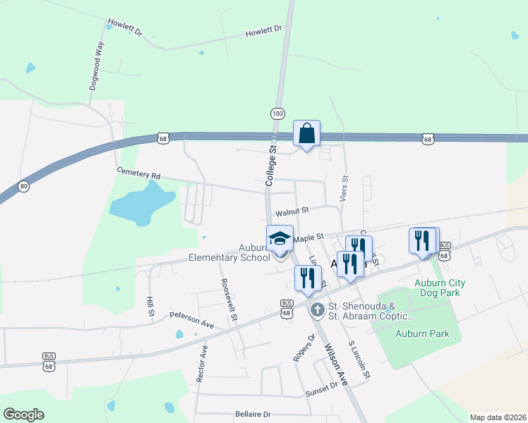map of restaurants, bars, coffee shops, grocery stores, and more near 206-298 N College St in Auburn