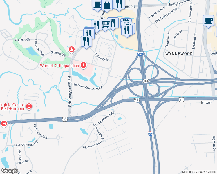 map of restaurants, bars, coffee shops, grocery stores, and more near 1012 Trilogy Loop in Suffolk