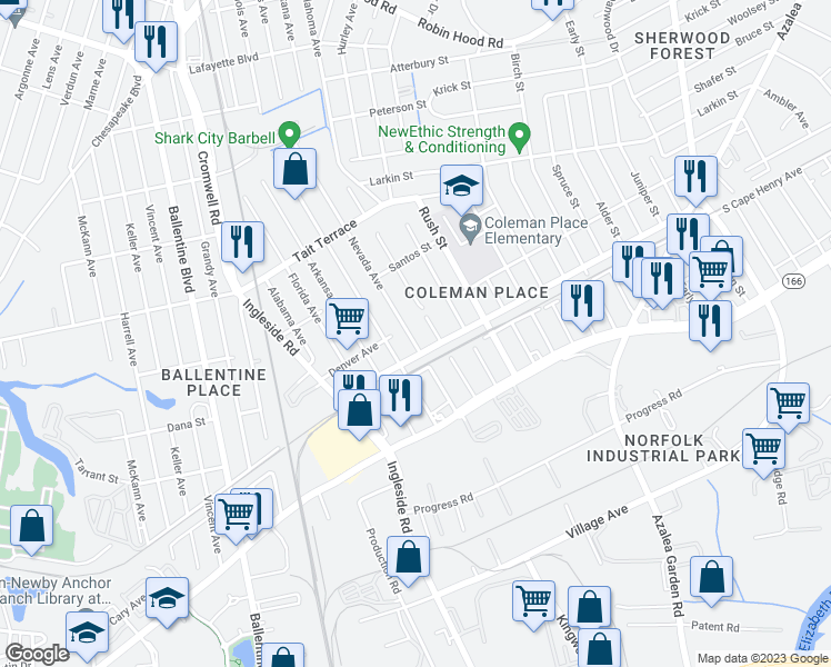 map of restaurants, bars, coffee shops, grocery stores, and more near 2314 Nevada Avenue in Norfolk
