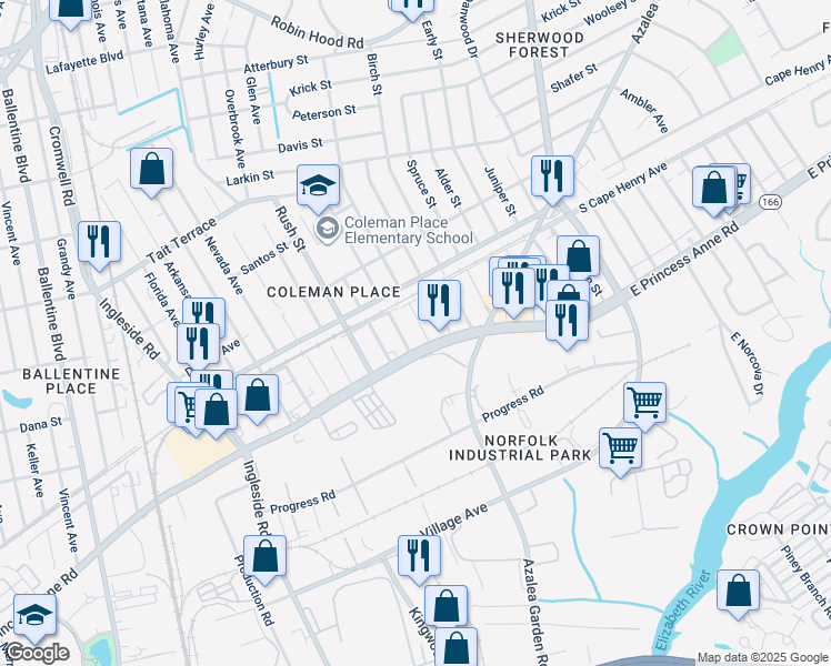 map of restaurants, bars, coffee shops, grocery stores, and more near 3834 East Princess Anne Road in Norfolk